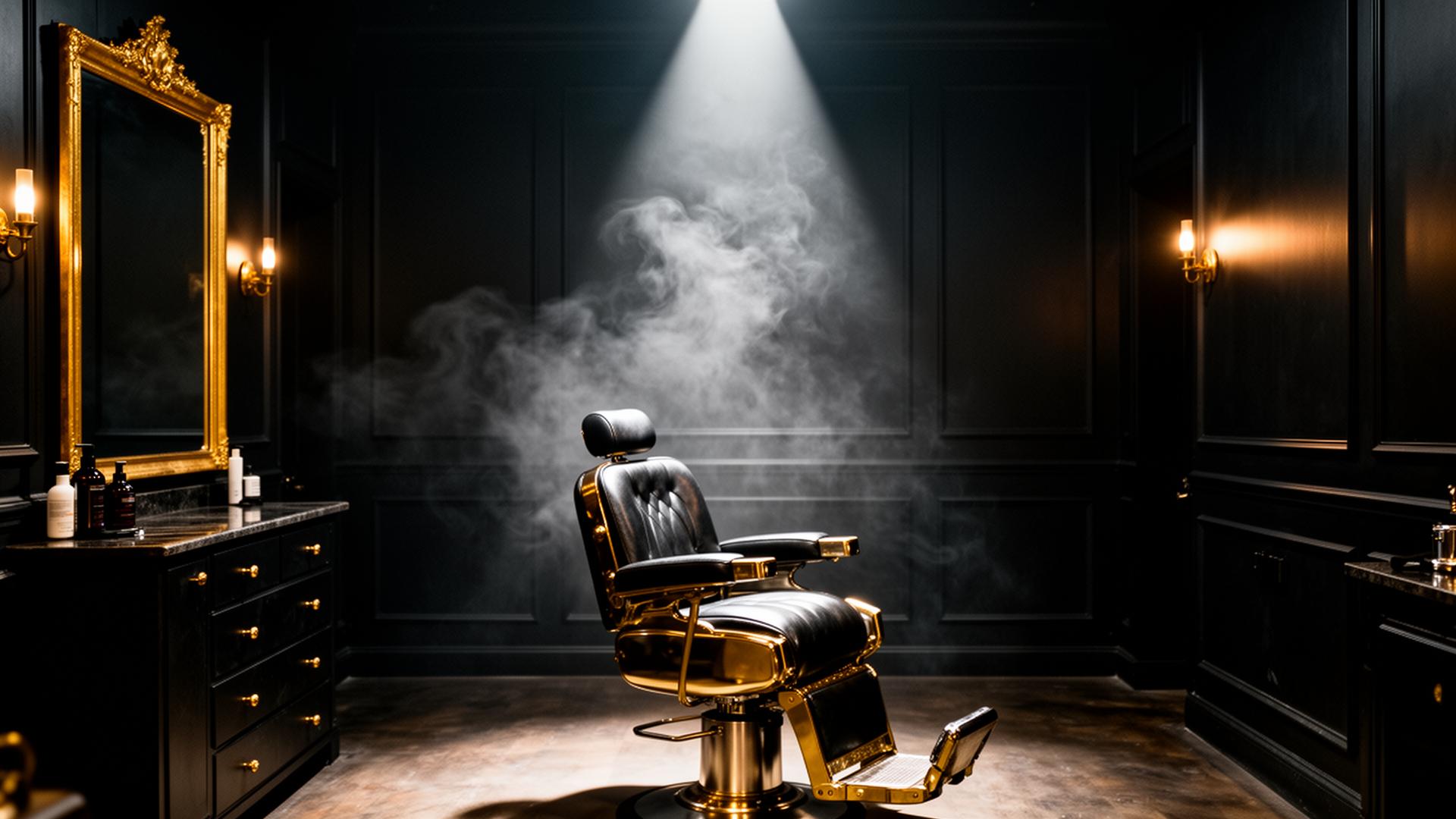 Cinematic dark luxury barber studio interior